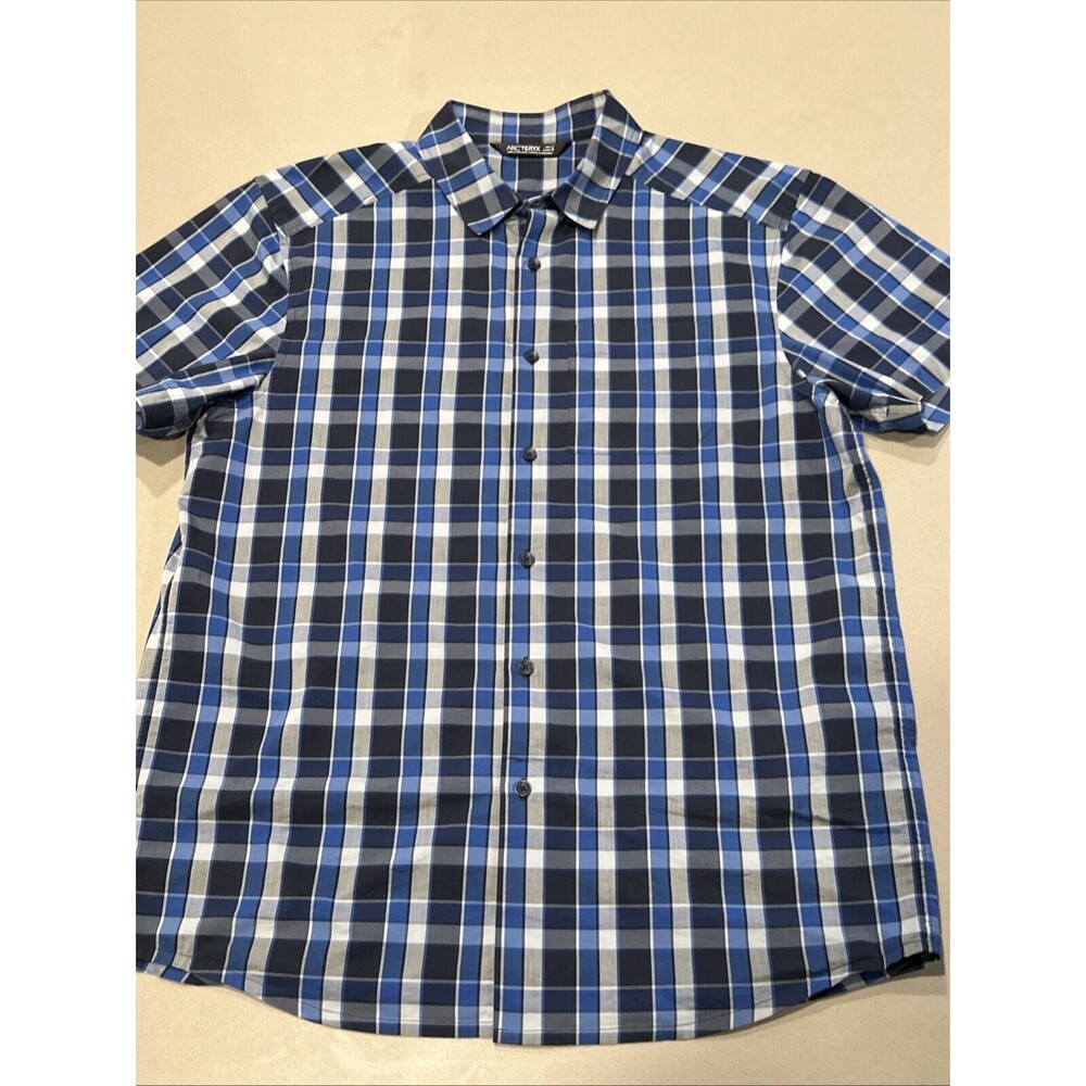 NWOT Arcteryx  Plaid Button Up Shirt Mens Blue Short Sleeve Hiking L Brohm